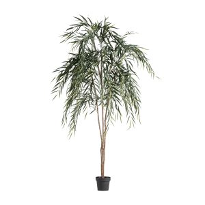 Planta Sauce de estilo clásico, fabricado en poliéster en color verde, combinado con polietileno en color negro y madera en color marrón. Producto plegable.