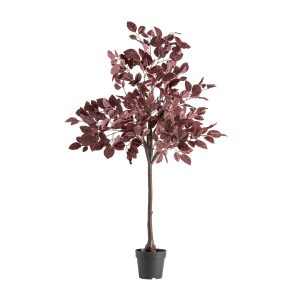 Planta Haya de estilo clásico, fabricado en poliéster en color rojo oscuro, combinado con polietileno en color negro y cemento en color negro.