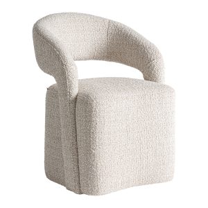 Silla Besne de estilo contemporáneo, fabricado en poliéster en color crema con acabado jaspeado, combinado con madera de pino y espuma.