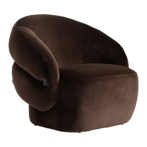 Sillón Vercelli de estilo contemporáneo, fabricado en terciopelo en color chocolate, combinado con madera de pino y espuma.