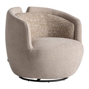 Sillón giratorio Vipiteno de estilo contemporáneo, fabricado en poliéster en color beige con acabado chenilla, combinado con hierro en color negro y madera de pino.
