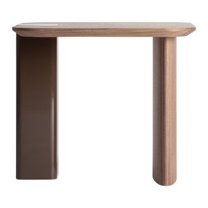 Mesa auxiliar Kuftein de estilo contemporáneo, fabricado en madera dm en color chocolate con acabado brillo, combinado con chapa de roble en color marrón. Producto desmontable.
