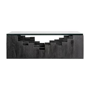 Mesa de centro Pètria de estilo contemporáneo, fabricado en madera de mango en color negro con acabado arenado, combinado con vidrio en color negro con acabado templado.