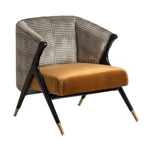 Sillón Brillon de estilo art deco, fabricado en madera de pino en color negro, combinado con madera de caucho en color negro y terciopelo en color ocre. Estructura: madera de caucho, relleno: espumatela: 100% poliesterpatas cubiertas de acero inoxidable.