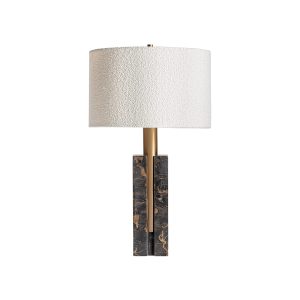 Lámpara de sobremesa Helios de estilo art deco, fabricado en mármol en color tonos en marrón, combinado con hierro en color oro y poliéster en color blanco roto. Producto desmontable.