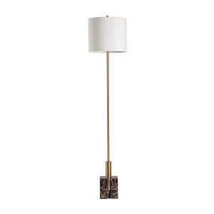Lámpara de pie Saholy de estilo art deco, fabricado en mármol en color negro, combinado con hierro en color oro y poliéster en color blanco roto. Producto desmontable.