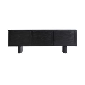 Mueble tv Demmin de estilo contemporáneo, fabricado en madera mindi en color negro.