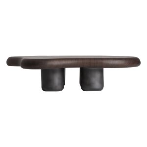 Mesa de centro Brunbek de estilo contemporáneo, fabricado en chapa de roble en color marrón, combinado con fibra de vidrio.