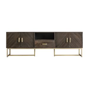 Mueble tv Kraj de estilo art deco, fabricado en hierro en color marrón, combinado con madera de mango en color oro.