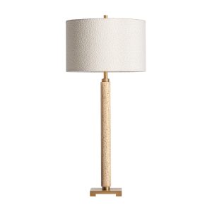 Lámpara de sobremesa Alina de estilo art deco, fabricado en hierro en color oro, combinado con mármol en color marrón claro y algodón bouclé en color blanco roto. Producto desmontable.