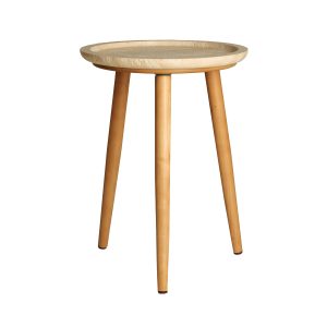 Mesa auxiliar redonda videix de estilo art deco, fabricado en madera abedul en color marrón, combinado con mármol en color beige. Producto desmontable.