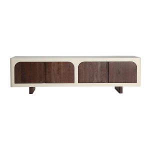 Mueble tv Glaris de estilo contemporáneo, fabricado en madera de acacia en color blanco roto, combinado con madera dm en color marrón. Producto desmontable.