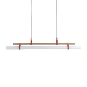 Lámpara de colgar Hana de estilo art deco, fabricado en cristal en color transparente con acabado ahumado, combinado con acero en color bronce y polipiel en color terracota. Producto elevable.