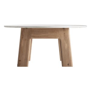 Mesa comedor Nara de estilo contemporáneo, fabricado en madera roble en color marrón, combinado con mármol en color blanco.