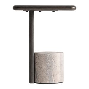 Mesa auxiliar Rignac de estilo contemporáneo, fabricado en travertino en color gris, combinado con madera de fresno en color marrón. Producto desmontable.