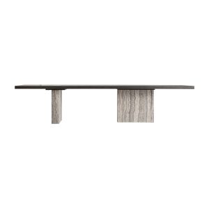 Mesa comedor Rignac de estilo contemporáneo, fabricado en travertino en color gris, combinado con madera de fresno en color marrón y latón. Producto desmontable.