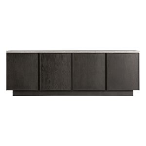 Aparador Rignac de estilo contemporáneo, fabricado en travertino en color gris, combinado con madera de fresno en color marrón.