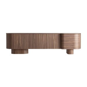 Mueble tv Kexby de estilo contemporáneo, fabricado en madera dm en color marrón, combinado con chapa de nogal.