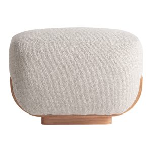 Reposapiés Sasi de estilo contemporáneo, fabricado en poliéster en color blanco roto con acabado jaspeado, combinado con madera contrachapada en color marrón claro con acabado natural y espuma.