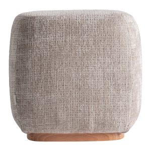 Reposapiés Luli de estilo contemporáneo, fabricado en poliéster en color arena, combinado con madera contrachapada en color marrón claro con acabado natural y espuma.