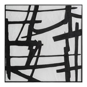 Cuadro Ezrah de estilo contemporáneo, fabricado en lienzo en color blanco, combinado con madera de pino en color negro.