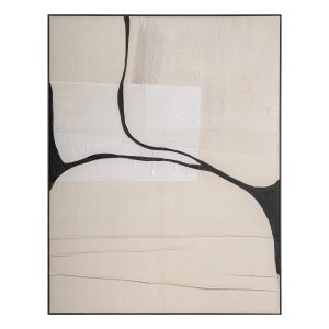 Cuadro Kai de estilo contemporáneo, fabricado en lienzo en color beige, combinado con madera de pino en color negro.