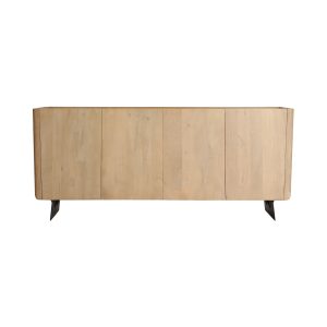 Aparador Alassio de estilo nórdico, fabricado en madera de mango en color marrón claro, combinado con hierro en color negro y madera dm en color marrón claro.