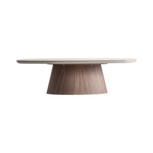 Mesa de centro Bionaz de estilo contemporáneo, fabricado en madera dm en color topo, combinado con chapa de nogal en color marrón. Producto desmontable.