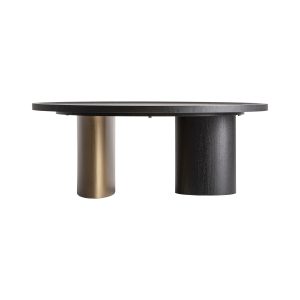 Mesa de centro Prayon de estilo contemporáneo, fabricado en madera dm en color negro, combinado con madera contrachapada en color dorado con acabado cepillado. Producto desmontable.
