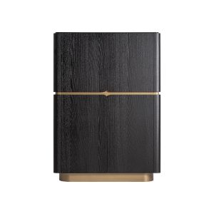 Armario, fabricado en madera dm en color negro, combinado con chapa de roble en color dorado y cristal en color transparente.