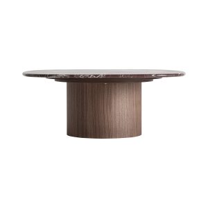 Mesa de centro Gampel de estilo contemporáneo, fabricado en mármol en color rojo oscuro, combinado con chapa de nogal en color marrón y madera dm. Producto desmontable.