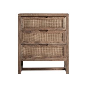 Mesita de noche Byremo de estilo nórdico, fabricado en madera de olmo en color marrón, combinado con ratán.