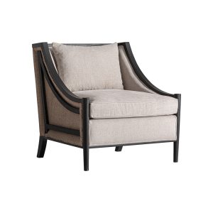 Sillón Seyches de estilo clásico, fabricado en lino en color negro, combinado con madera mindi en color beige y espuma. Producto desenfundable.