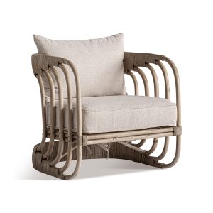 Sillón Douzains de estilo contemporáneo, fabricado en poliéster en color beige, combinado con ratán en color marrón y espuma. Producto desenfundable.