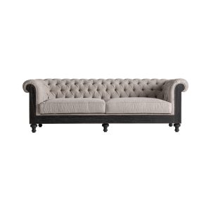 Sofá Gore de estilo clásico, fabricado en poliéster en color beige, combinado con madera mindi en color negro y espuma. Producto desenfundable.