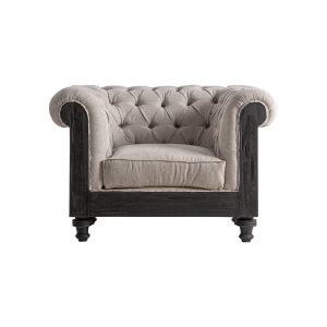 Sillón Gore de estilo clásico, fabricado en poliéster en color beige, combinado con madera mindi en color negro y espuma.