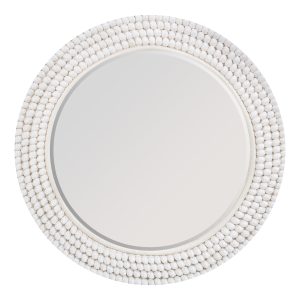 Espejo Glashe de estilo nórdico, fabricado en cuerda en color blanco, combinado con concha en color blanco y espejo.