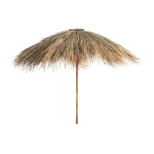 Sombrilla Liwale de estilo étnico, fabricado en madera de teka en color marrón, combinado con paja.