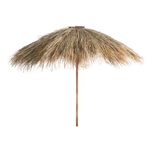 Sombrilla Liwale de estilo étnico, fabricado en madera de teka en color marrón, combinado con paja. Producto plegable.