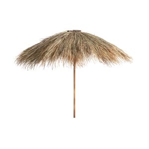 Sombrilla Liwale de estilo étnico, fabricado en madera de teka en color marrón, combinado con paja. Producto plegable.
