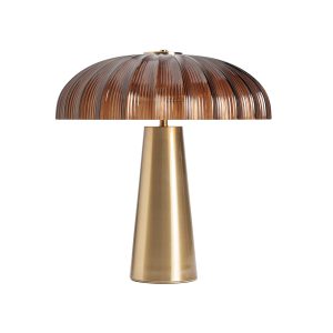 Lámpara de sobremesa Pierre de estilo art deco, fabricado en cristal en color marrón, combinado con acero en color oro. Producto desmontable.