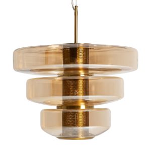 Lámpara de colgar Alexa de estilo art deco, fabricado en cristal en color ambar con acabado traslúcido, combinado con hierro en color oro.