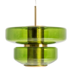 Lámpara de colgar Gala de estilo art deco, fabricado en cristal en color verde con acabado traslúcido, combinado con hierro en color oro. Producto desmontable.