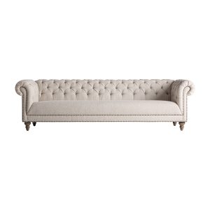 Sofá Maurox de estilo clásico, fabricado en madera de fresno en color marrón, combinado con poliéster en color gris. Producto desmontable.