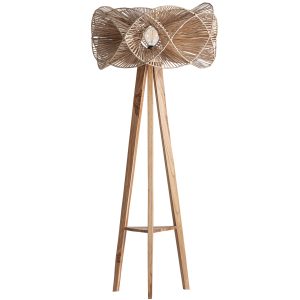 Lámpara de pie Varsha de estilo boho, fabricado en madera de teka en color marrón claro con acabado natural, combinado con ratán en color marrón claro con acabado natural. Producto desmontable.