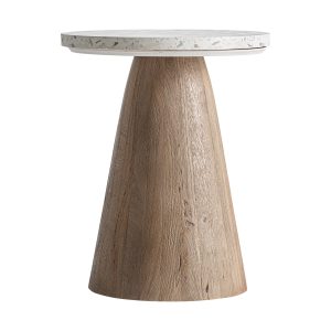 Mesa auxiliar Lautrec de estilo nórdico, fabricado en terrazo en color blanco, combinado con madera de mango en color marrón. Producto desmontable.