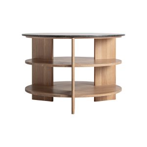 Mesa auxiliar Nara de estilo contemporáneo, fabricado en madera roble en color marrón, combinado con travertino en color negro. Producto desmontable.