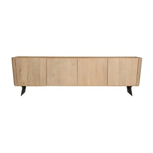 Mueble tv Alassio de estilo nórdico, fabricado en madera de mango en color marrón claro, combinado con hierro en color negro y madera dm en color marrón claro.
