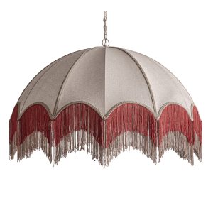 Lámpara de colgar, fabricado en poliéster en color crema, combinado con hierro en color coral y hierro en color plata.