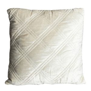 Cojín Ahren de estilo provenzal, fabricado en viscosa en color blanco roto, combinado con algodón. 65% viscosa 35% algodón.